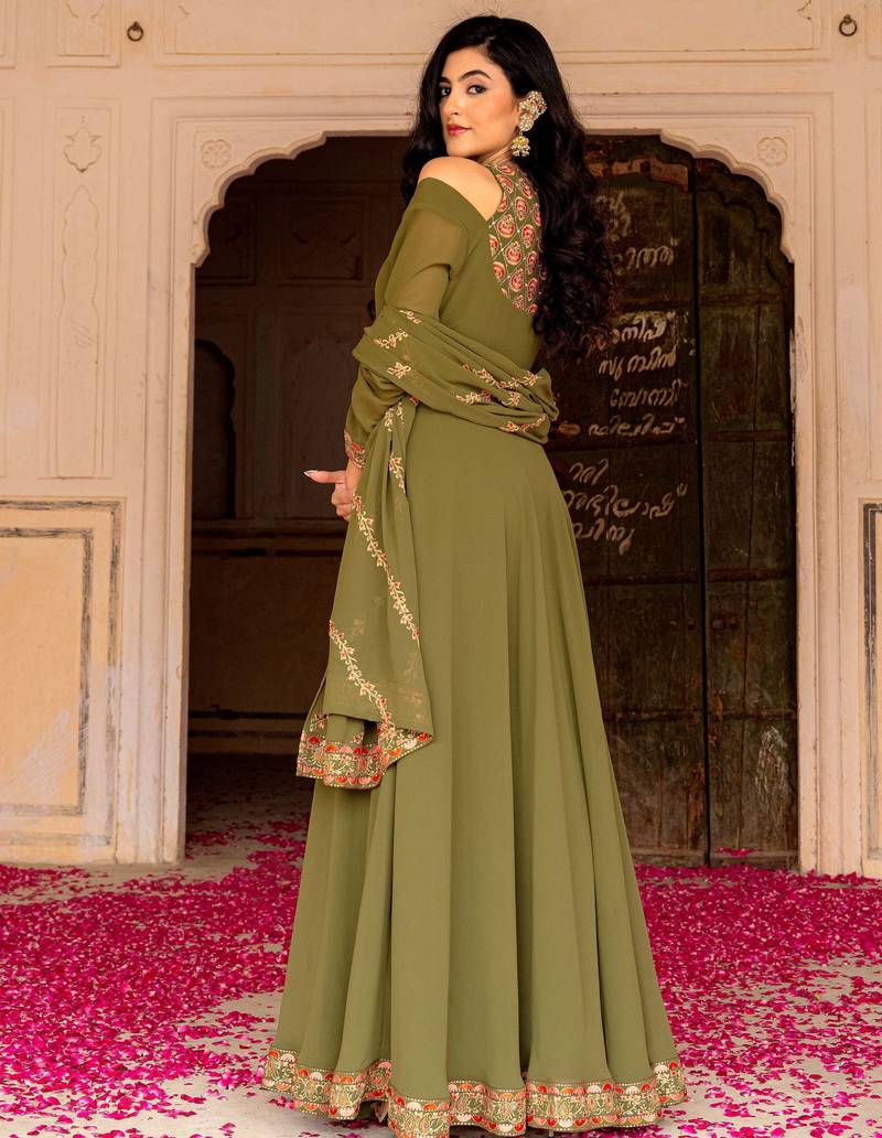 Green Embroidered Georgette Gown With Dupatta
