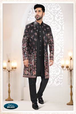 Mens's black silk blend thread and sequence embroidery all over indo-western 1