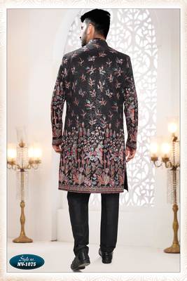 Mens's black silk blend thread and sequence embroidery all over indo-western 2