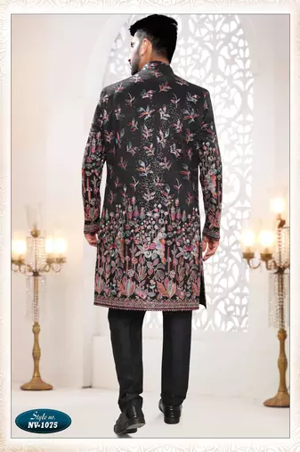 Mens's black silk blend thread and sequence embroidery all over indo-western