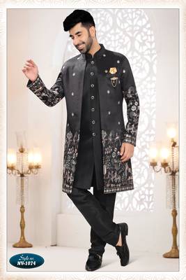 Mens's black silk blend thread and sequence embroidery all over indo-western 1