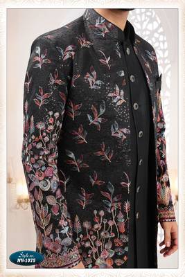 Mens's black silk blend thread and sequence embroidery all over indo-western 3