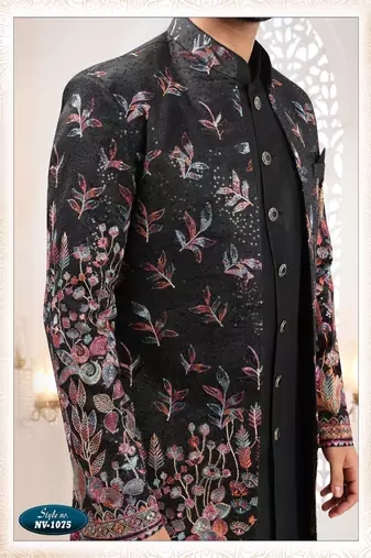 Mens's black silk blend thread and sequence embroidery all over indo-western