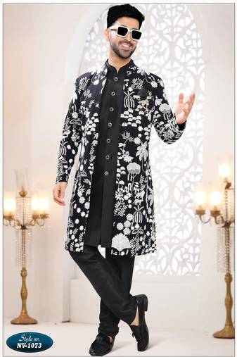 Mens's black georgette thread embroidery all over  indo-western