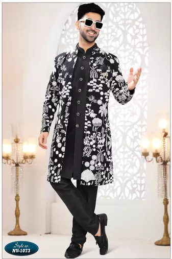 Mens's black georgette thread embroidery all over  indo-western