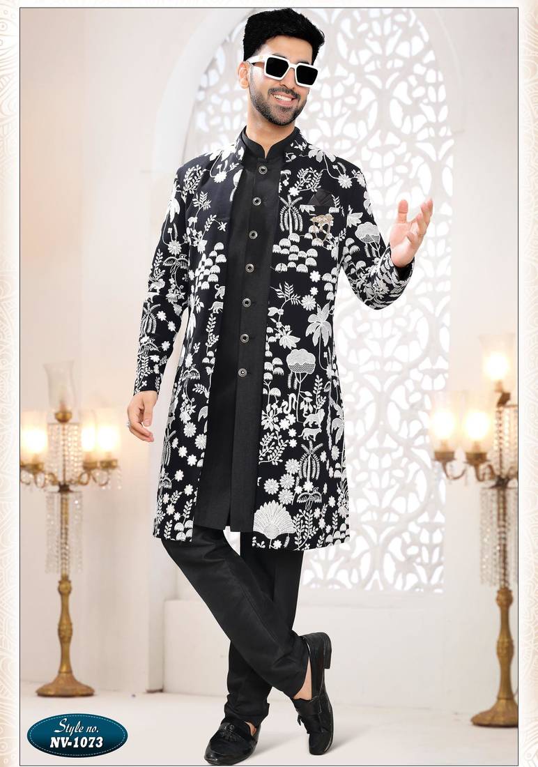 Mens's black georgette thread embroidery all over  indo-western