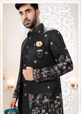 Mens's black silk blend thread and sequence embroidery all over indo-western 3