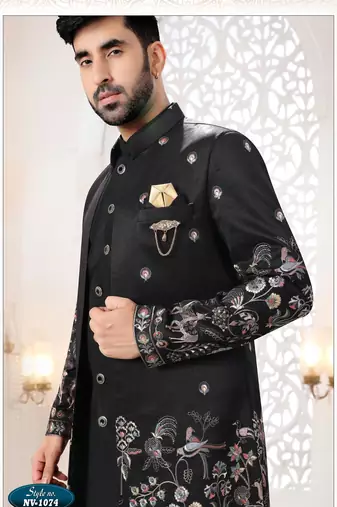 Mens's black silk thread and sequence embroidery all over  indo-western
