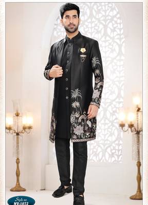 Mens's black malai silk blend thread and sequence embroidery all over indo-western 1