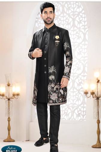 Mens's black malai silk thread and sequence embroidery all over  indo-western