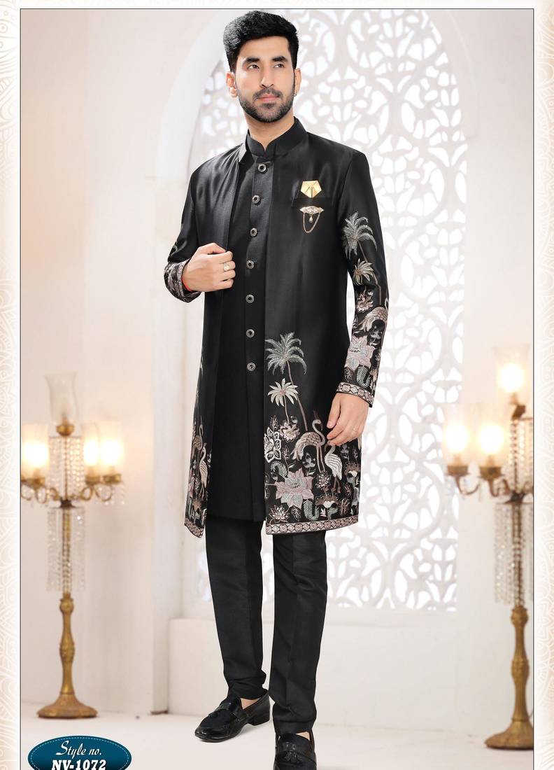 Mens's black malai silk thread and sequence embroidery all over  indo-western