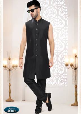 Mens's black silk blend thread and sequence embroidery all over indo-western 4