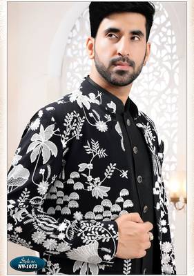 Mens's black georgette thread embroidery all over indo-western 3