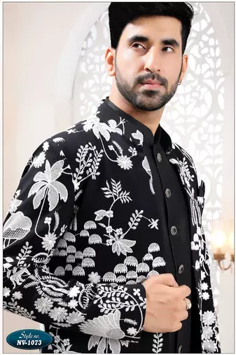 Mens's black georgette thread embroidery all over indo-western