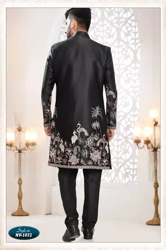 Mens's black malai silk thread and sequence embroidery all over  indo-western