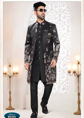 Mens's black silk blend thread and sequence embroidery all over indo-western 1