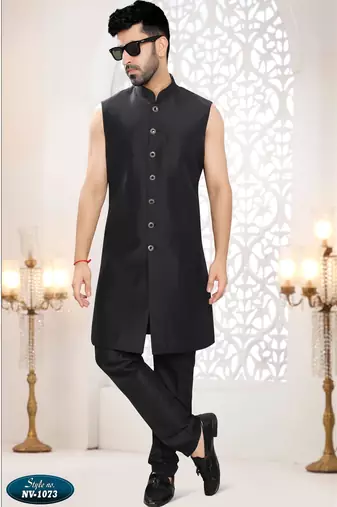 Mens's black georgette thread embroidery all over indo-western