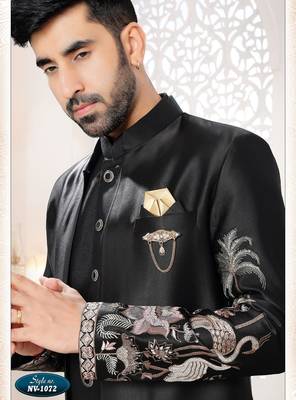 Mens's black malai silk blend thread and sequence embroidery all over indo-western 3