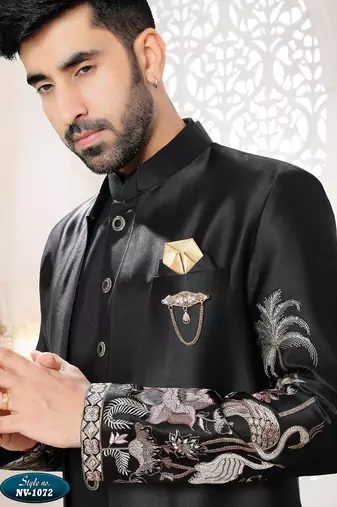 Mens's black malai silk thread and sequence embroidery all over  indo-western