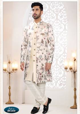Mens's cream malai silk blend thread and sequence embroidery all over indo-western 1