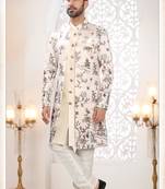 Mens's cream malai silk thread and sequence embroidery all over  indo-western