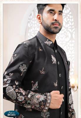 Mens's black silk blend thread and sequence embroidery all over indo-western 3