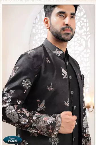 Mens's black silk blend thread and sequence embroidery all over indo-western