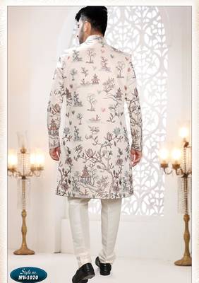 Mens's cream malai silk blend thread and sequence embroidery all over indo-western 2