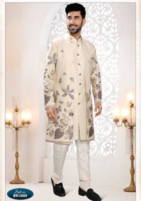 Mens's cream malai silk blend thread and sequence embroidery all over indo-western 1