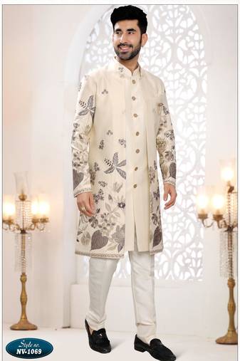 Mens's cream malai silk thread and sequence embroidery all over  indo-western