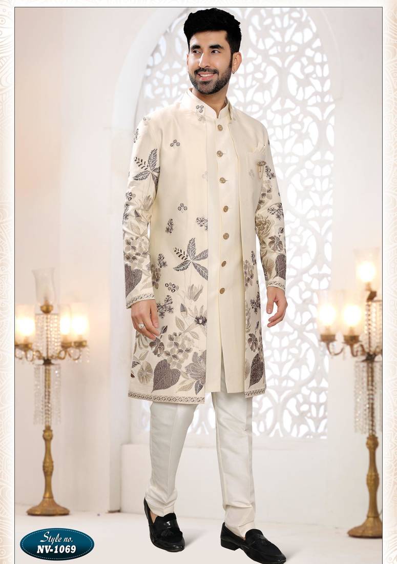 Mens's cream malai silk thread and sequence embroidery all over  indo-western