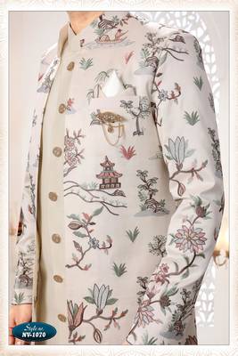 Mens's cream malai silk blend thread and sequence embroidery all over indo-western 3