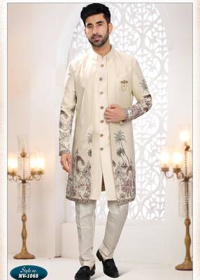 Mens's cream silk blend thread and sequence embroidery all over indo-western 1