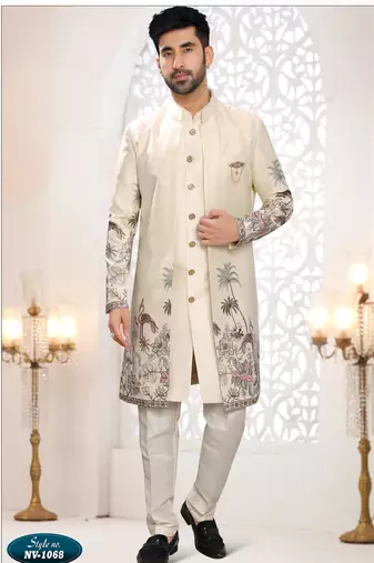 Mens's cream silk thread and sequence embroidery all over  indo-western