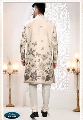 Mens's cream malai silk blend thread and sequence embroidery all over indo-western 2