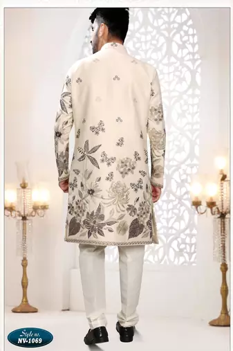 Mens's cream malai silk thread and sequence embroidery all over  indo-western