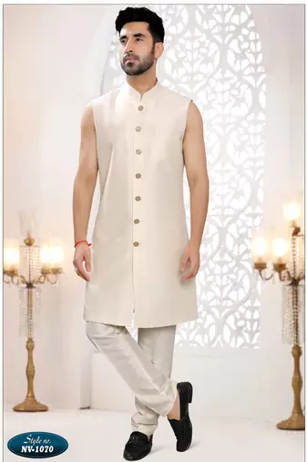 Mens's cream malai silk thread and sequence embroidery all over  indo-western