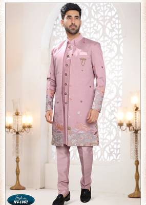 Mens's pink silk blend thread and sequence embroidery all over indo-western 1
