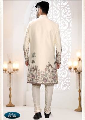Mens's cream silk blend thread and sequence embroidery all over indo-western 2