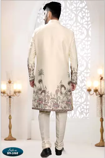 Mens's cream silk blend thread and sequence embroidery all over indo-western