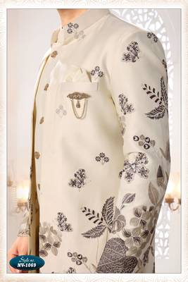 Mens's cream malai silk blend thread and sequence embroidery all over indo-western 3