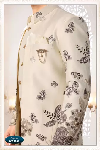 Mens's cream malai silk thread and sequence embroidery all over  indo-western