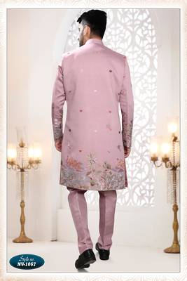 Mens's pink silk blend thread and sequence embroidery all over indo-western 2