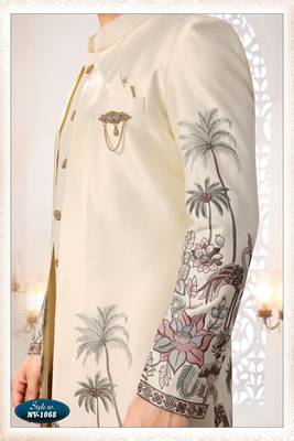 Mens's cream silk blend thread and sequence embroidery all over indo-western 3