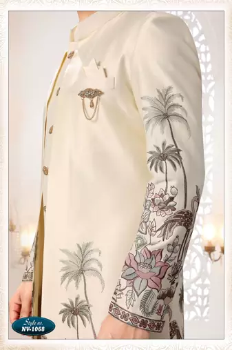 Mens's cream silk blend thread and sequence embroidery all over indo-western