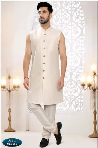 Mens's cream malai silk thread and sequence embroidery all over  indo-western