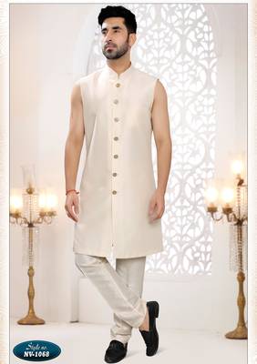 Mens's cream silk blend thread and sequence embroidery all over indo-western 4