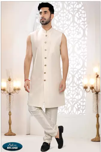 Mens's cream silk blend thread and sequence embroidery all over indo-western