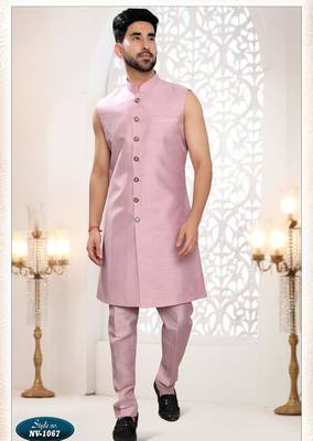 Mens's pink silk blend thread and sequence embroidery all over indo-western 4