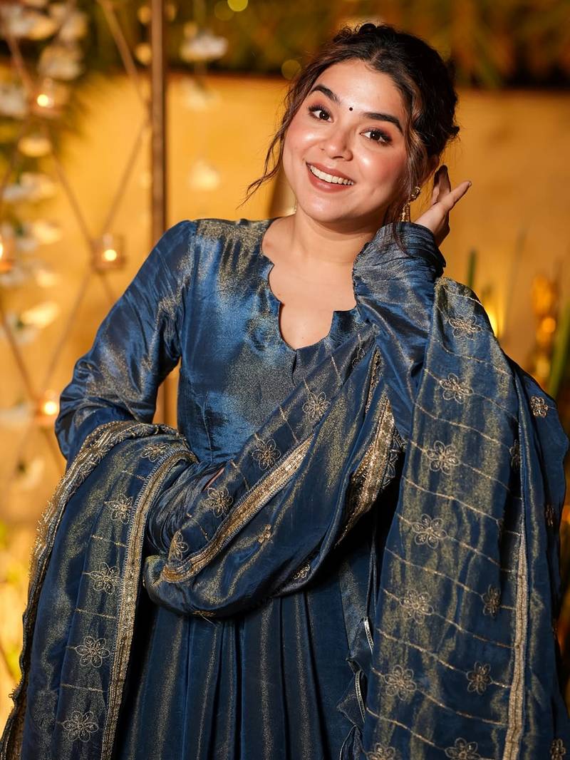 Teal Blue Sequins Chinon Salwar Kameez